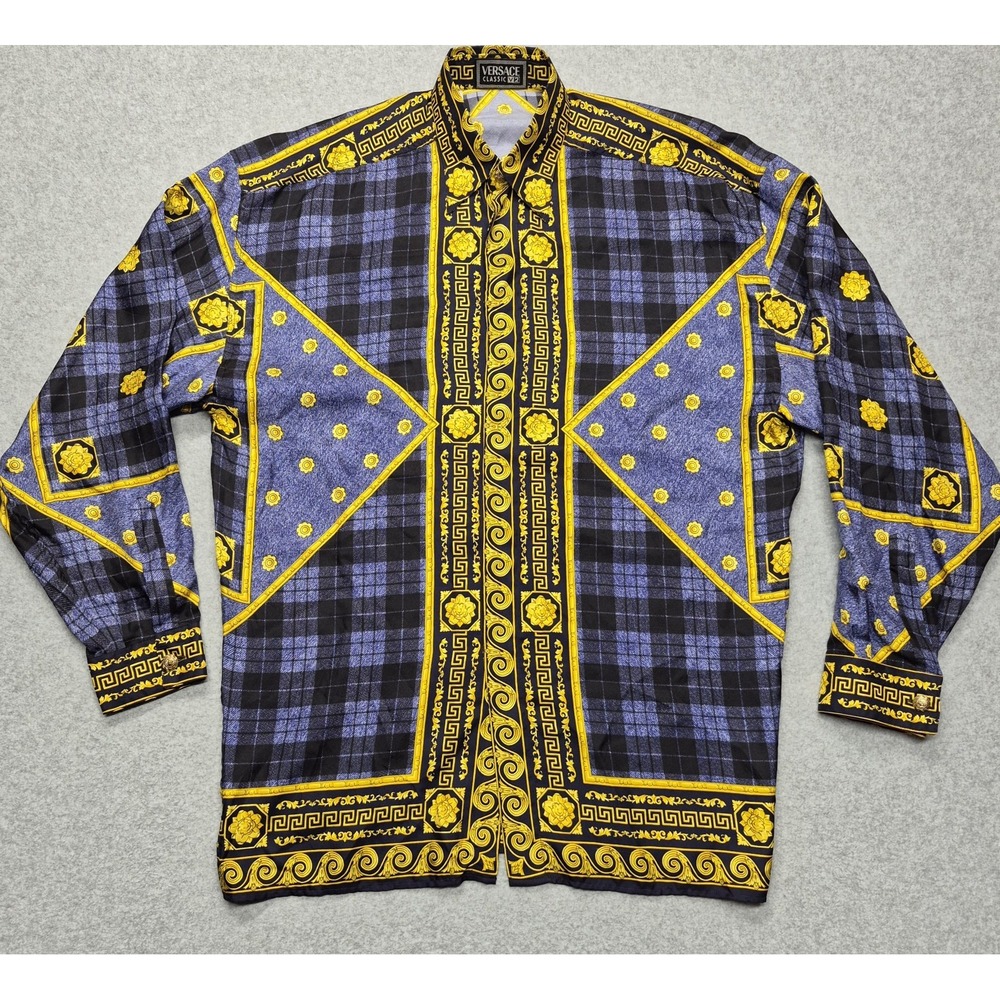 Vintage Versace Classic V2 Silk Shirt Mens XL Baroque Plaid Medusa Button Up 90s